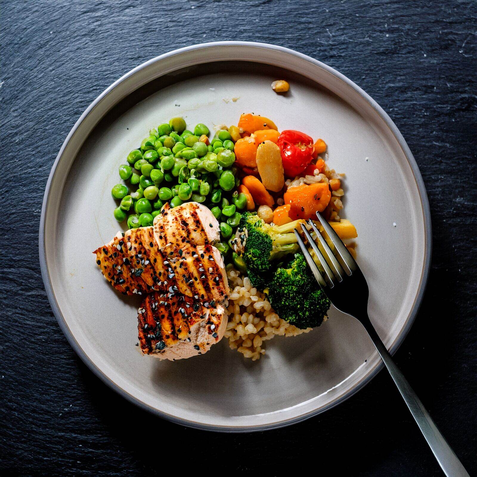 An overhead view of one plate of whole food on dark slate